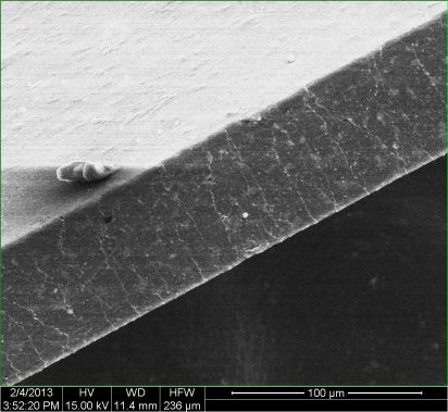A close-up cross section of graphene nanoribbon-enhanced polymer shows the ribbons as white dots dispersed through the material, where they effectively block gas molecules from passing through. The material created at Rice University could be useful for storing compressed gas in a lighter, stronger vessel and for food packaging. (Credit: Changsheng Xiang/Rice University)