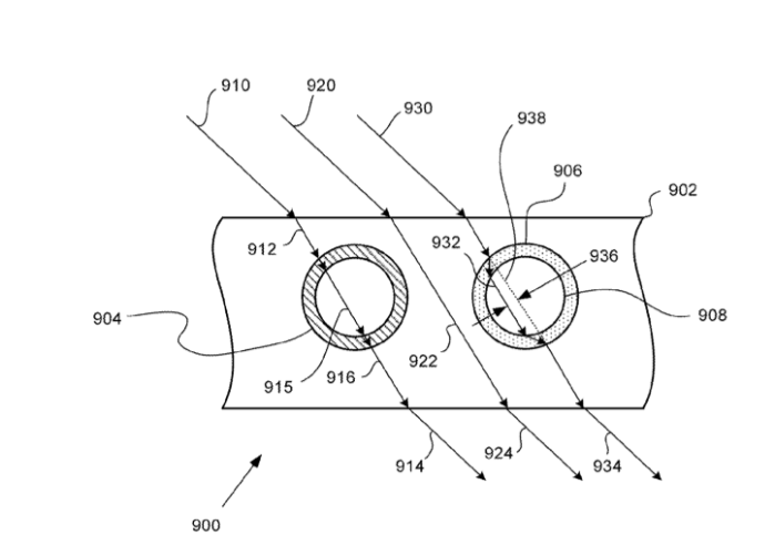 Simplified illustration comparing light ray paths through different fibers in a composite